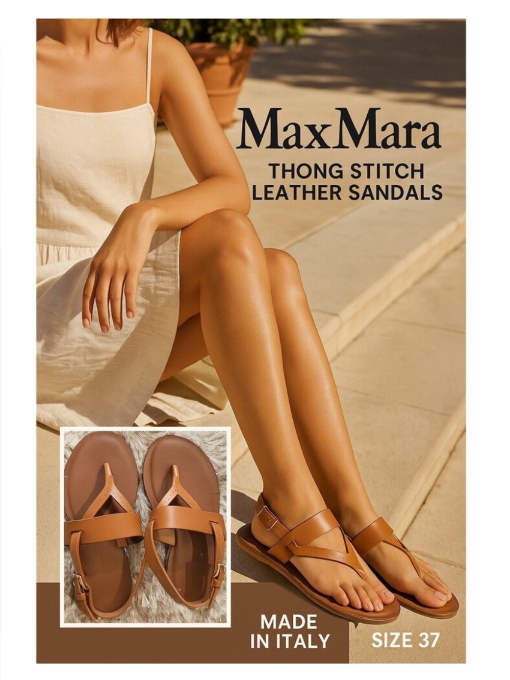 MaxMara Tan Leather Thong Sandals